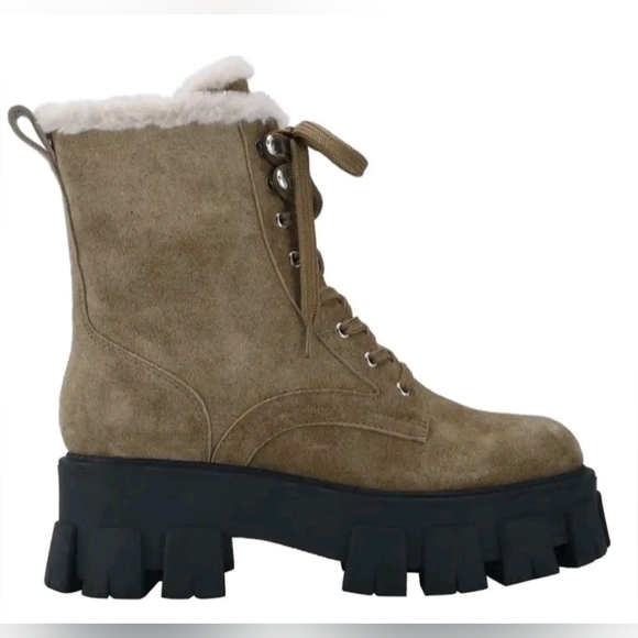 NIB Marc Fisher Happier suede medium brown black lug sole faux fur lined lace up - Picture 5 of 10